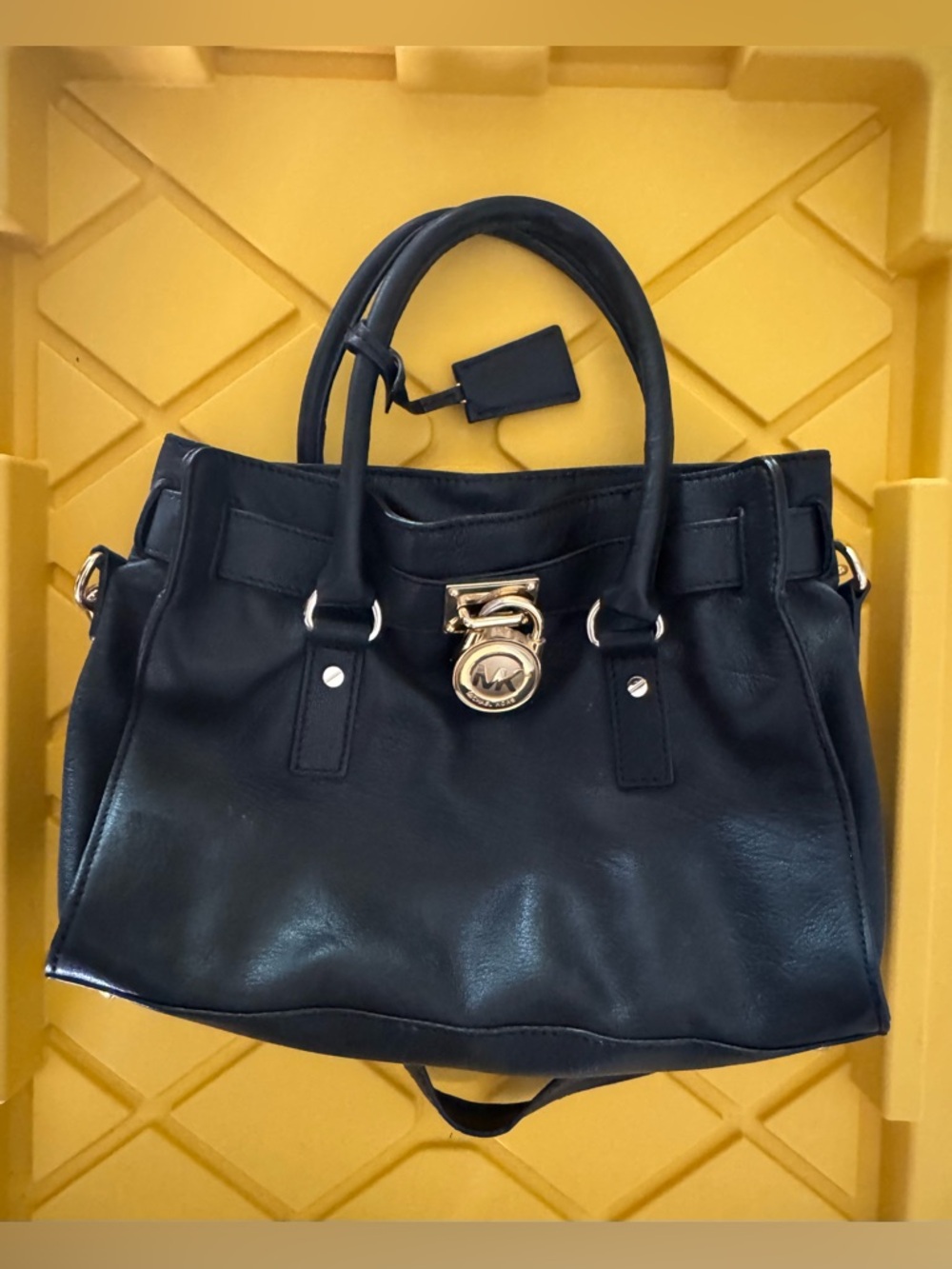Michael Kors Black Leather Satchel with Gold-Tone Accent